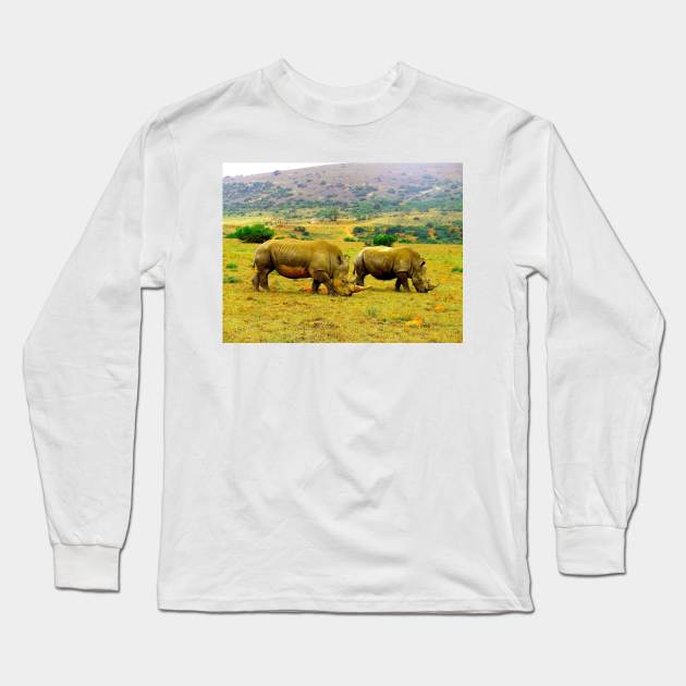 African Wildlife Photography Rhino Couple Long Sleeve T-Shirt by PathblazerStudios